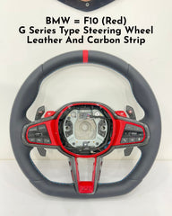 G Series Type Steering Wheel Leather & Carbon Strip (Red) Compatible With BMW For F10