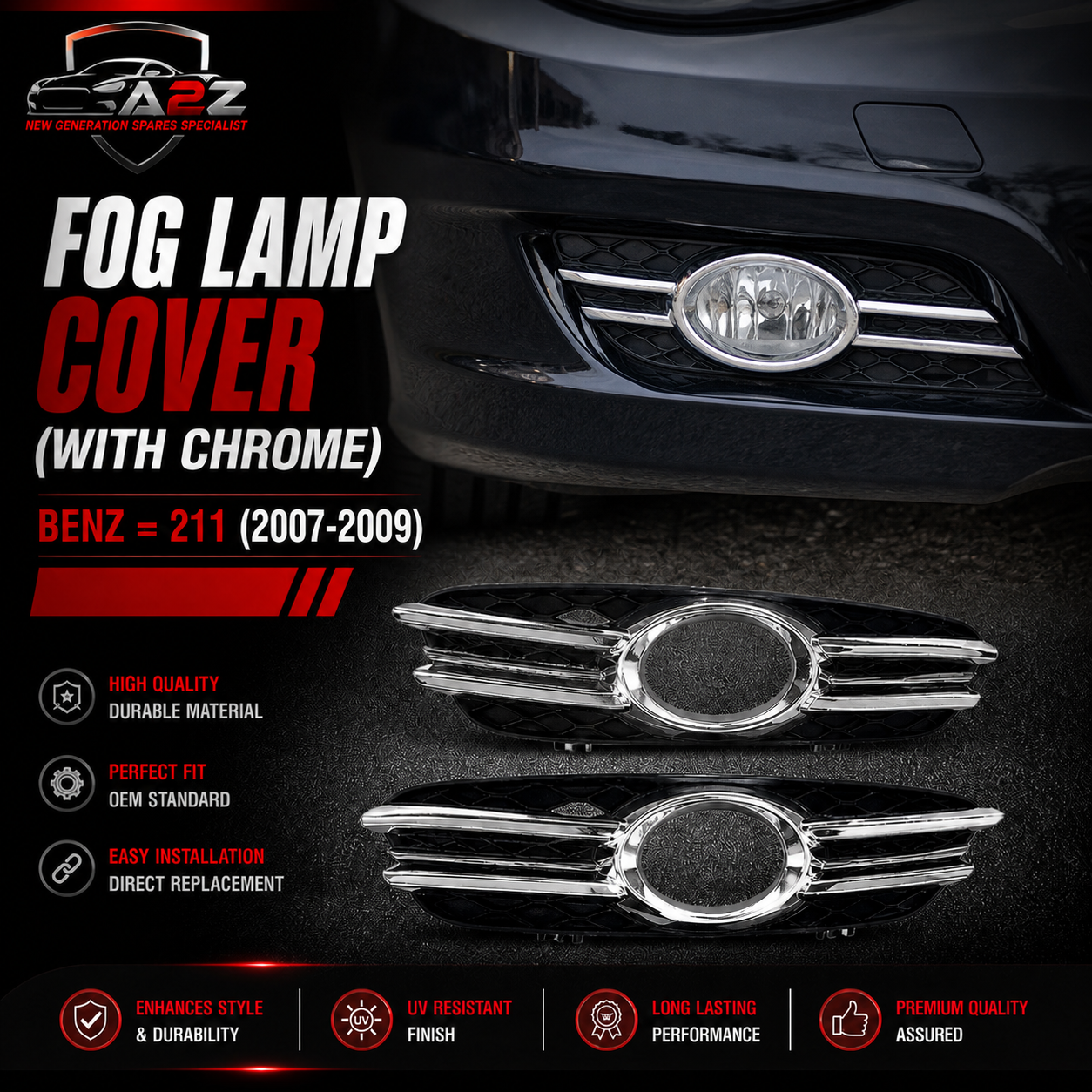 Fog Lamp Cover (With Chrome) Left 2118850822 Right 2118850922 A2118850822 Compatible With Mercedes Benz=211 (2007-2009) Tag No.282