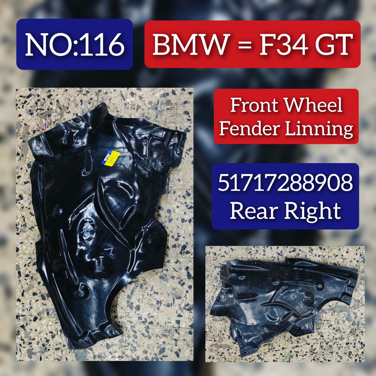 Fender Liners Front Driver Right Side 51717288908 Compatible With BMW 3 Series GT F34 (2014-2018) Tag No.116