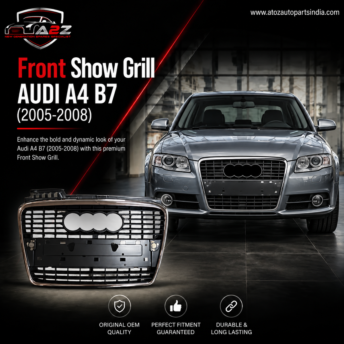 Front Show Grill 8E0853651J 8E0853651AA 8E0853651J1QPCompatible With AUDI A4 B7 (2005-2008) Tag No.181