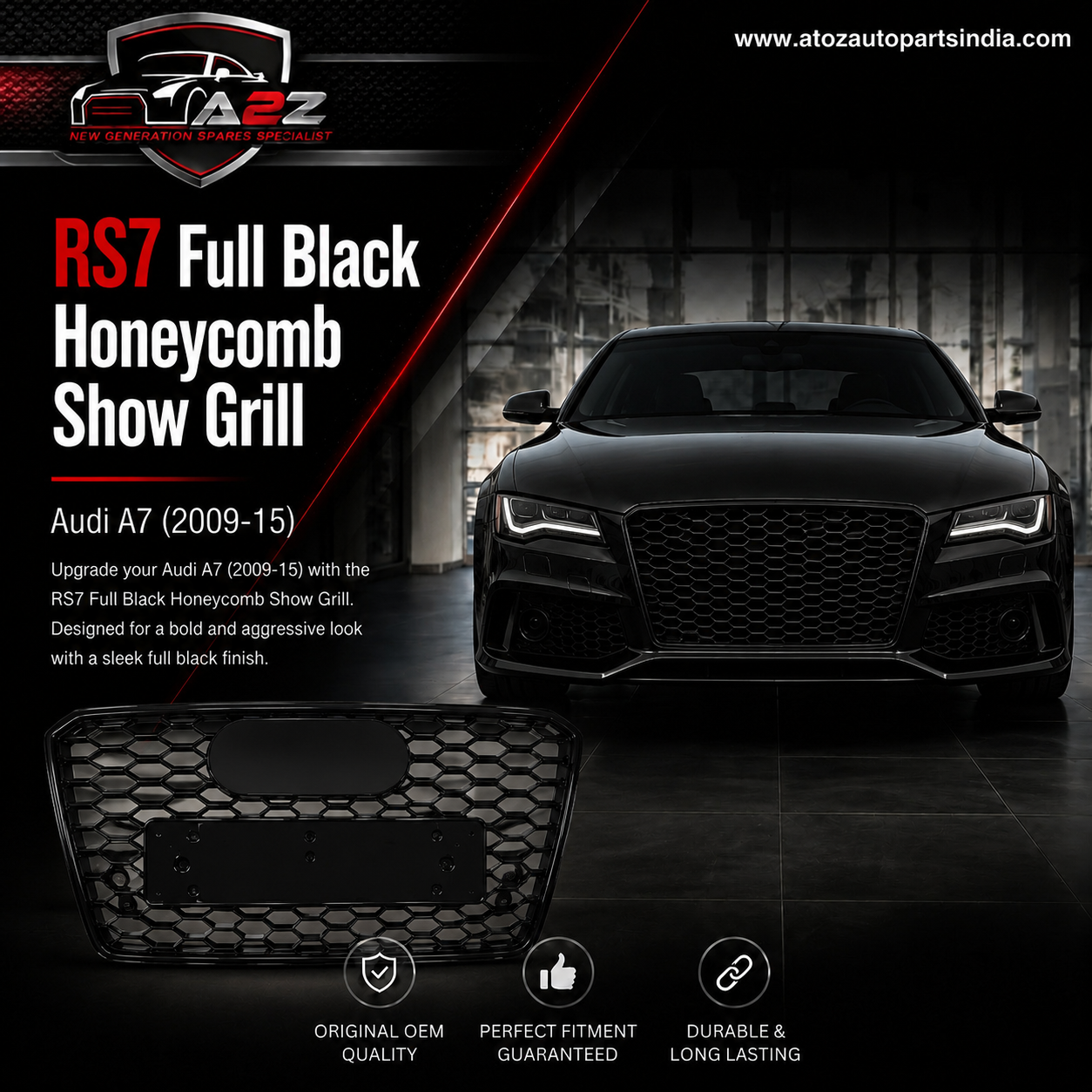 RS7 Full Black Honeycomb Show Grill Compatible With Audi = A7 (2009-15) Tag No.221