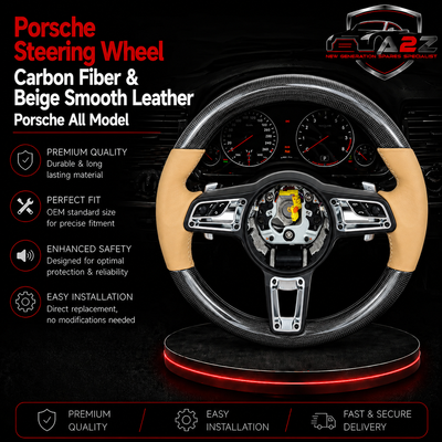 Carbon Fiber & Beige Smooth Leather Steering Wheel Compatible With Porsche All Models