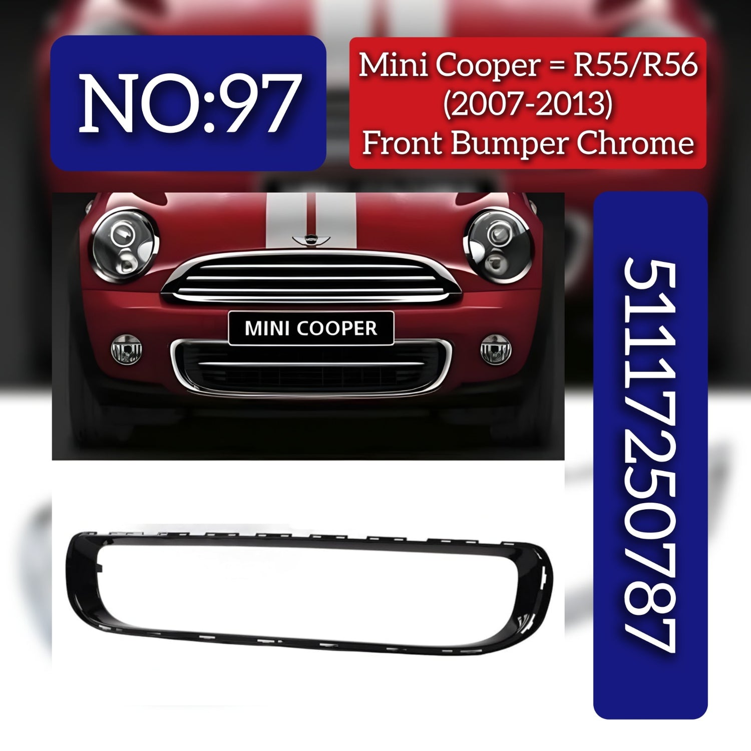 Black Glossy Front Bumper Chrome 51117250787 Compatible With Mini Cooper (R55/R56) (2007-2013) Tag No.97