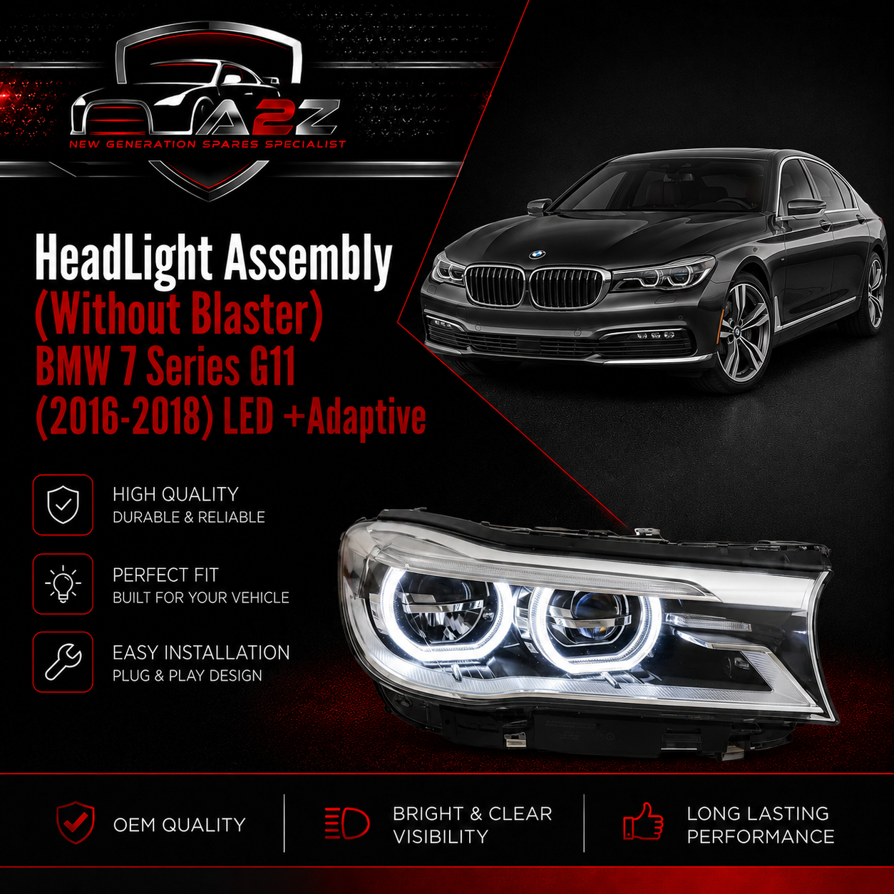 Headlight Headlamp Left 63117408709  & Right  63117408710  (Without Blaster) Compatible With BMW 7 Series G11  (2016-2018) LED +Adaptive