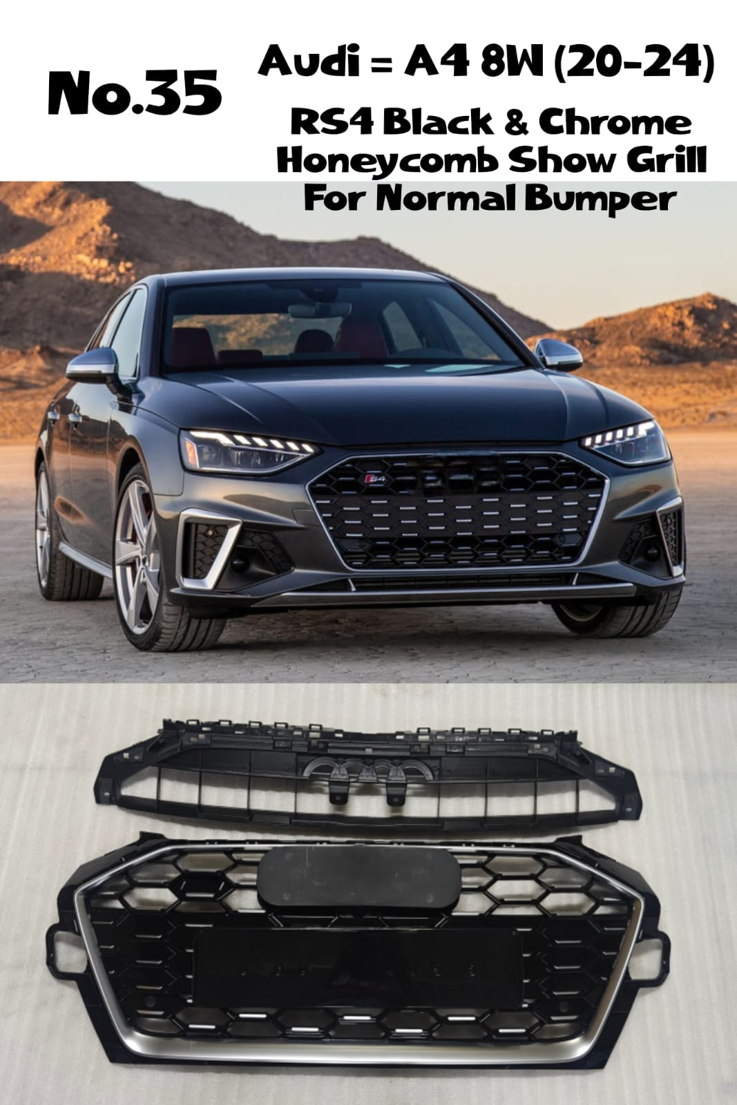RS4 Black And Chrome Honeycomb Show Grill Compatible With Audi = A4 (2020-24) Tag No.35