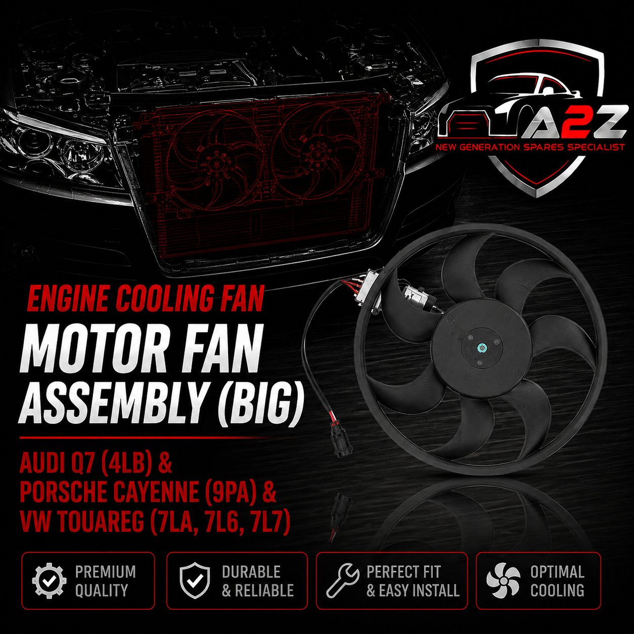 Engine Cooling Fan Motor Fan Assembly (Big) 7L0959455E Compatible With AUDI Q7 (4LB) & PORSCHE CAYENNE (9PA) & VW TOUAREG (7LA, 7L6, 7L7)