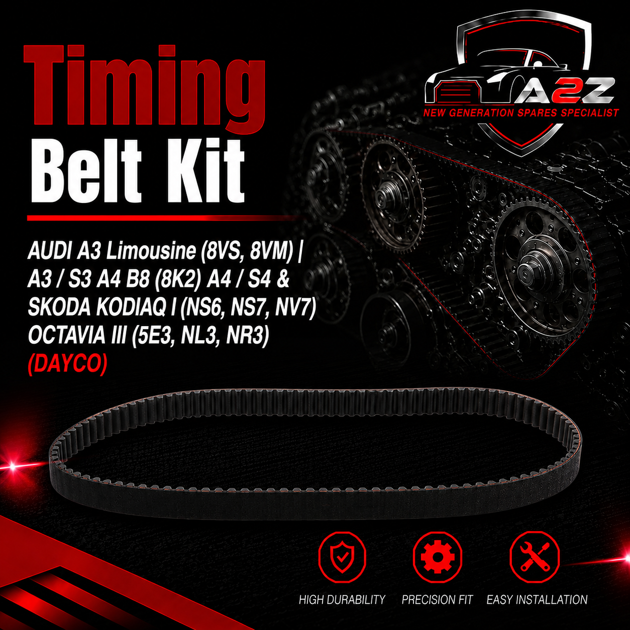 Timing Belt Kit KTB884 04L198119A 04L198119K Compatible With AUDI A3 Limousine (8VS, 8VM) | A3 / S3 A4 B8 (8K2) | A4 / S4 & SKODA KODIAQ I (NS6, NS7, NV7) OCTAVIA III (5E3, NL3, NR3) (DAYCO)