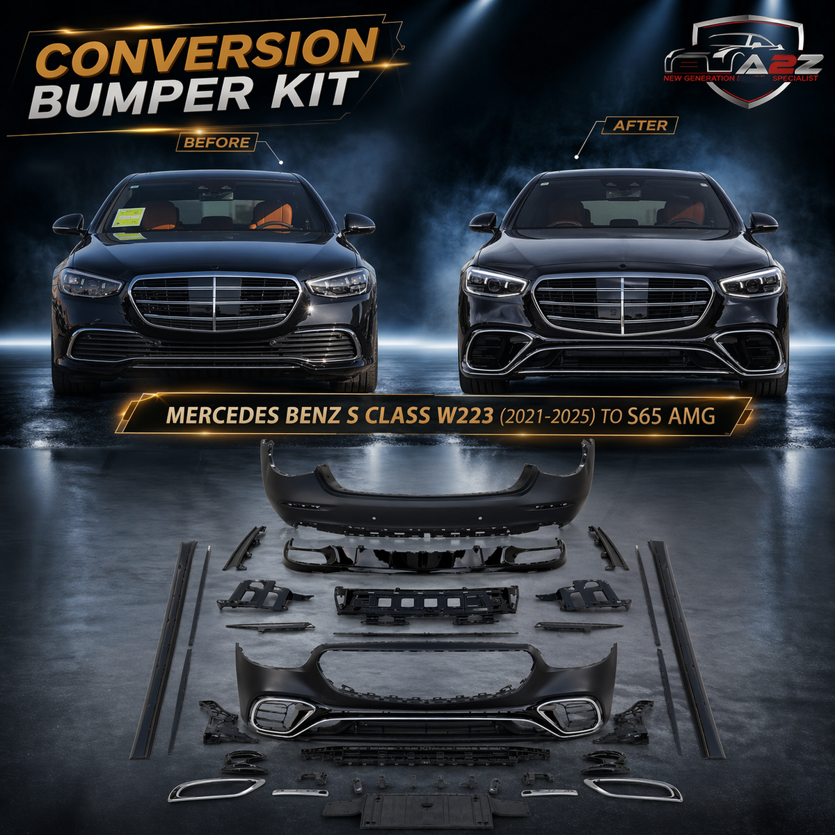 A To Z Compatible With Mercedes Benz S Class W223 (2021-2025) Car Upgrade To S65 Amg Bumper Body Kit Front After Lip Diffuser Exhaust Tips Fog Gril Cover Grill CC-8917 (Shipping Cost Not Included In Price)