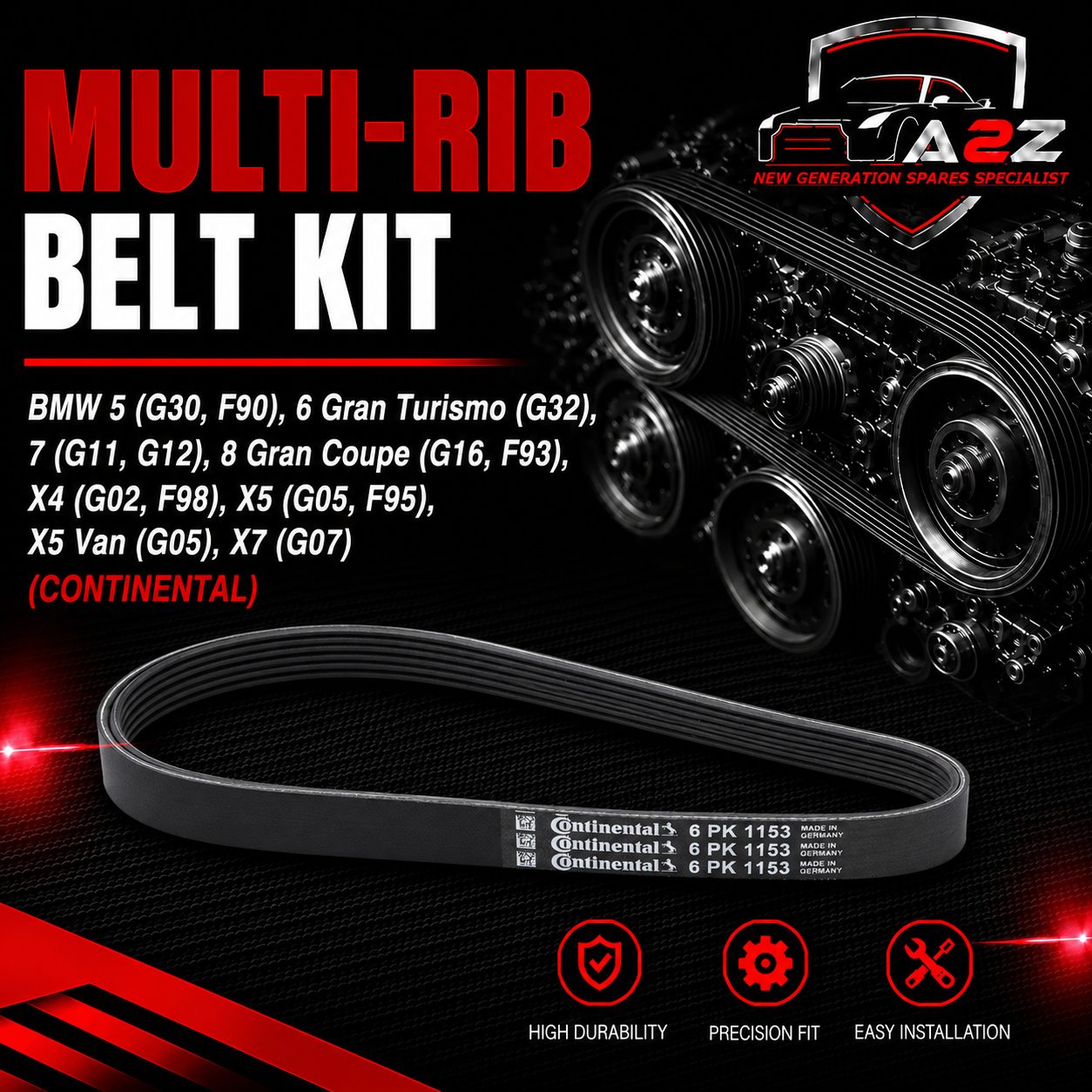Multi Rib Belt Kit 6PK1153K5 Compatible With BMW 5 (G30, F90), 6 Gran Turismo (G32), 7 (G11, G12), 8 Gran Coupe (G16, F93), X4 (G02, F98), X5 (G05, F95), X5 Van (G05), X7 (G07) (CONTINENTAL)