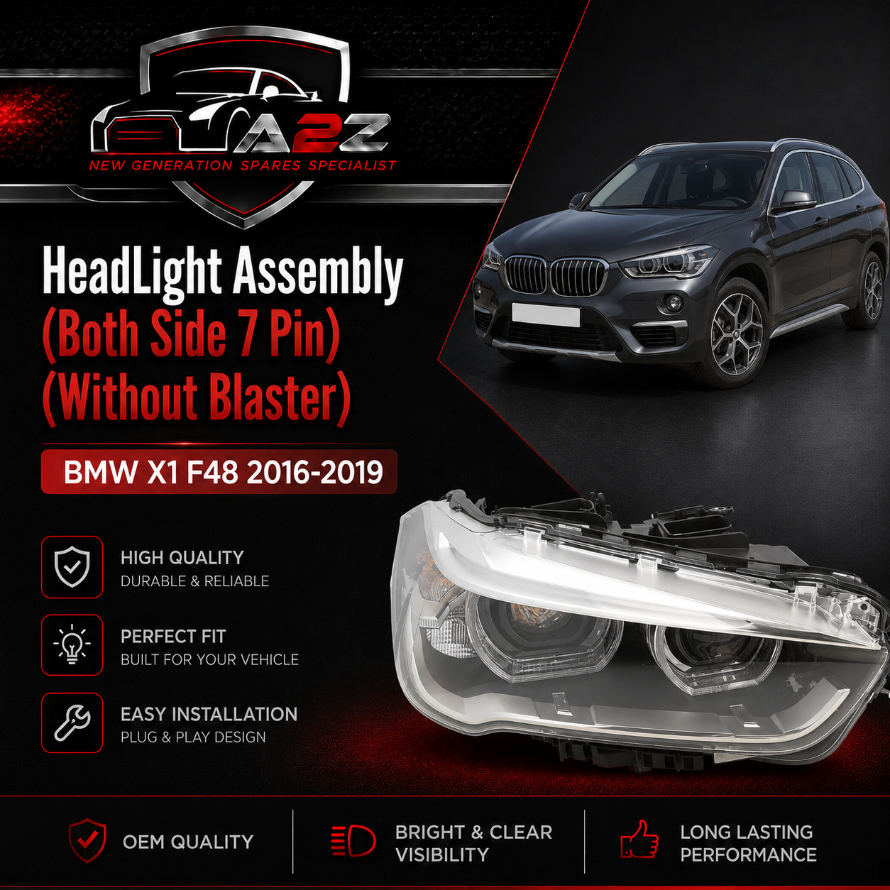 Headlight Headlamp Left 63117428735 & Right 63117428736 (Both Side 7 Pin) (Without Blaster) Compatible With BMW X1 F48  2016-2019 Projector Tag No.66