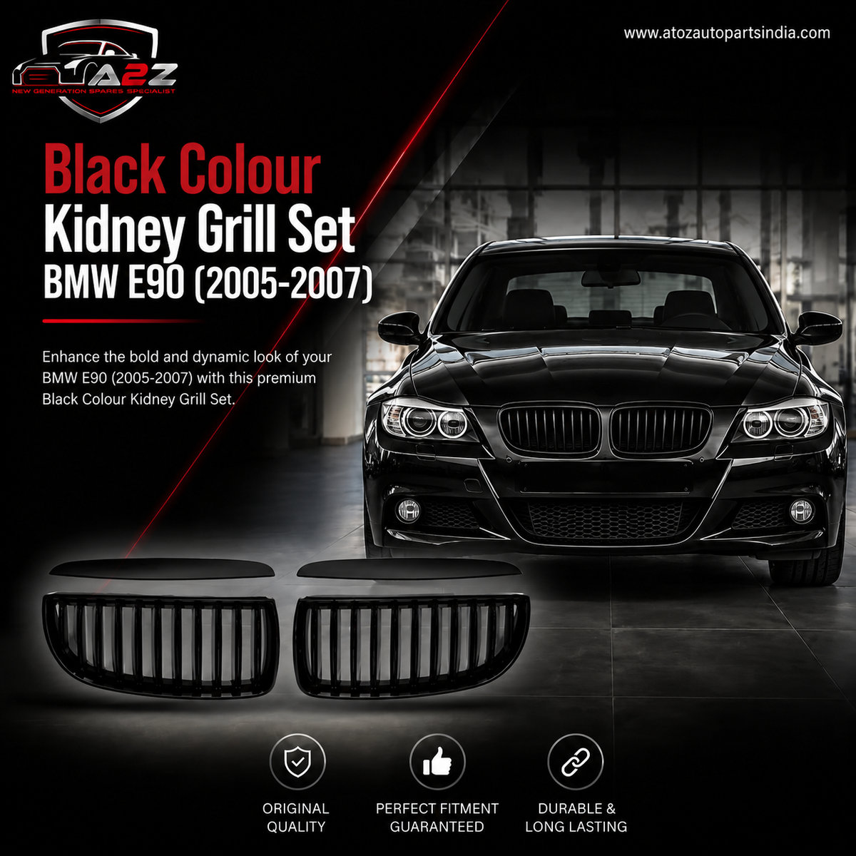 Black Colour (2005/2007)  Kidney Grill Set 51137120007 (R.H/L.H)  Same Compatible With BMW 3 Series E90 Tag 16