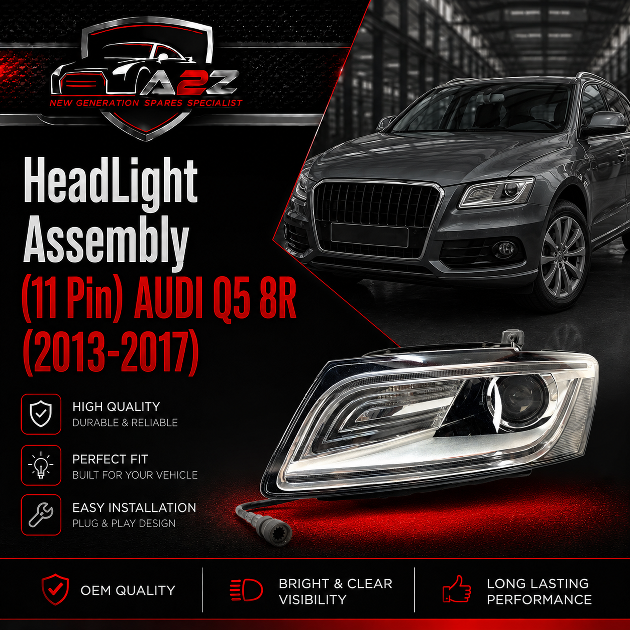 Complete Headlight Assy Set Right 8R0941006B & Left 8R0941005B Both Side (11 Pin) Compatible With AUDI Q5 8R (2013-2017) Tag No.155