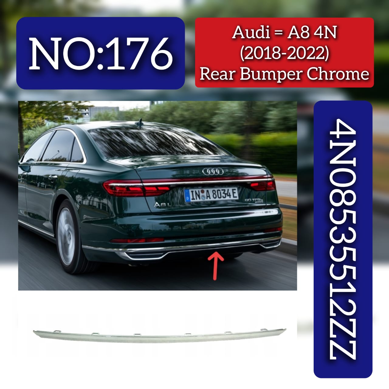 Rear Bumper Chrome 4N08535512ZZ Compatible With Audi A8 (4N) (2018-2022) Tag No.176