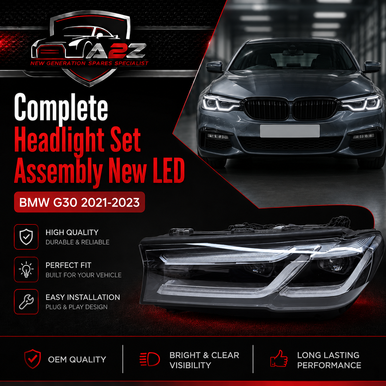 Complete Headlight (New LED) Assembly Left 63119479273 & Right 63119479274 Compatible With BMW G30 2021-2023