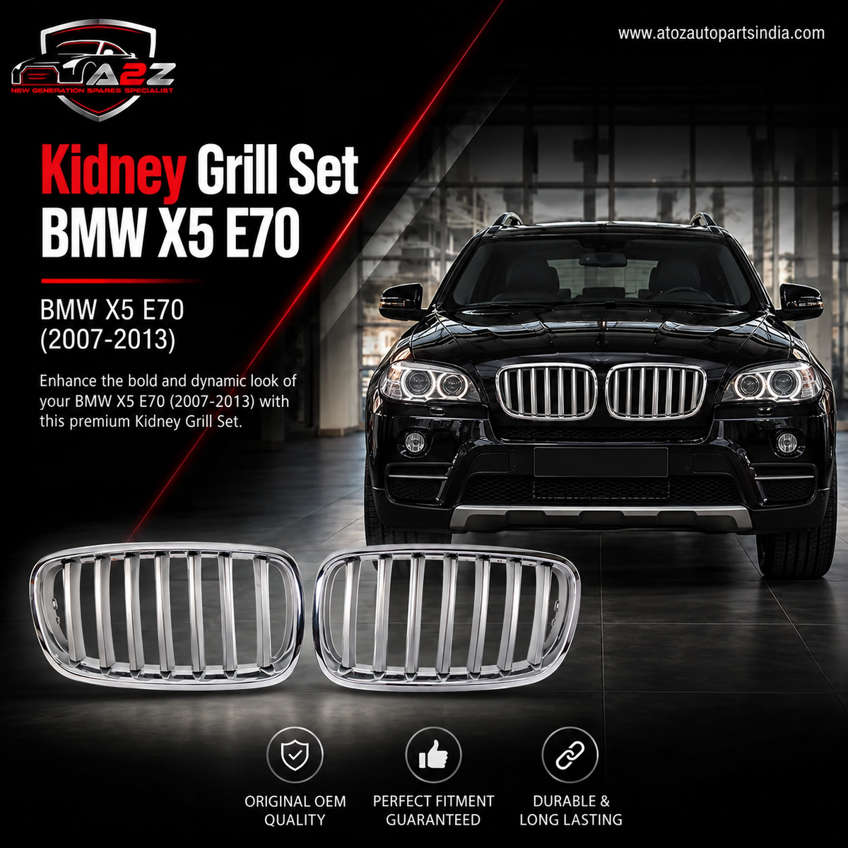 Kidney Grill Set 51137185124 = L.H,& 51137185224 = R.H  Compatible With BMW X5 E70 Tag 45
