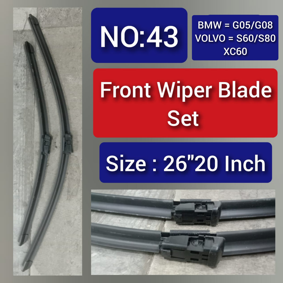 Front Wiper Blade Set (26'20 Inch) Compatible with BMW X5 G05 & G08 & VOLVO S60 S80 XC60 Tag-WBF-43