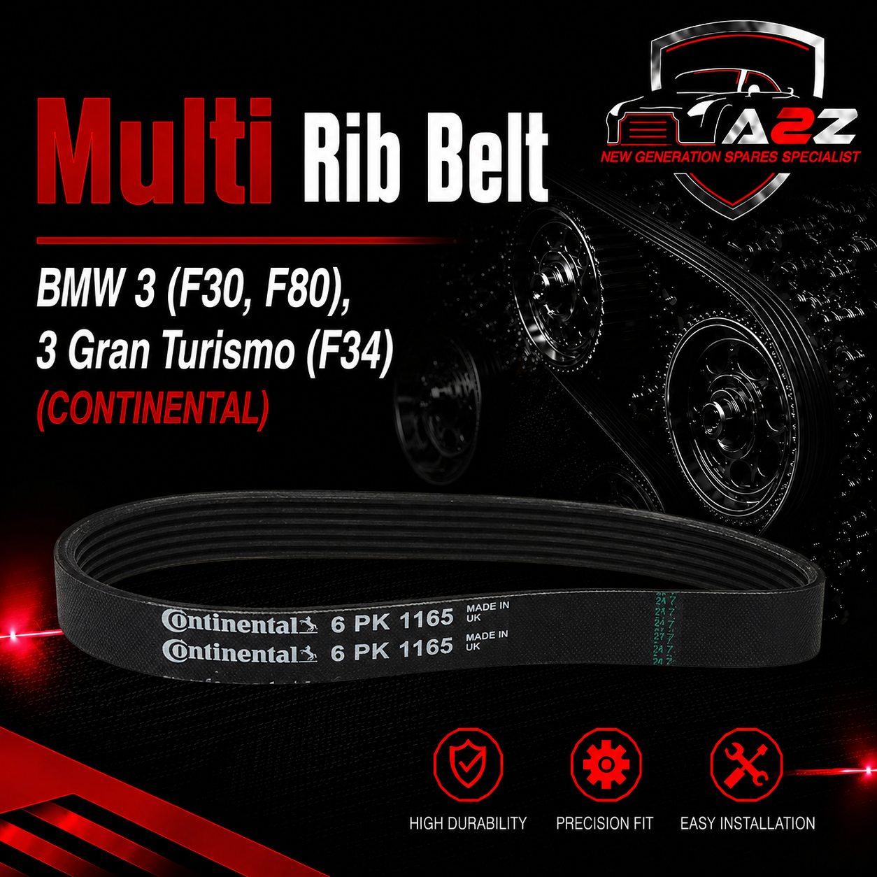Multi Rib Belt 6PK1165 11288646475 Compatible With BMW 3 (F30, F80), 3 Gran Turismo (F34) (CONTINENTAL)