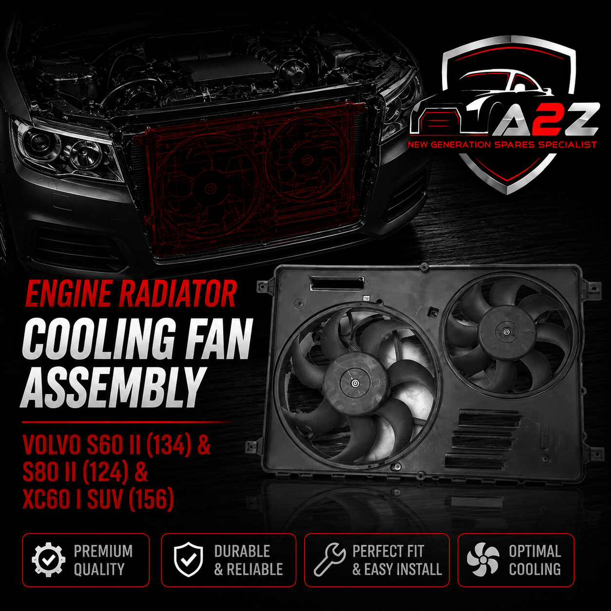 Engine Radiator Cooling Fan Assembly 31338823 Compatible With VOLVO S60 II (134) & S80 II (124) &  XC60 I SUV (156)