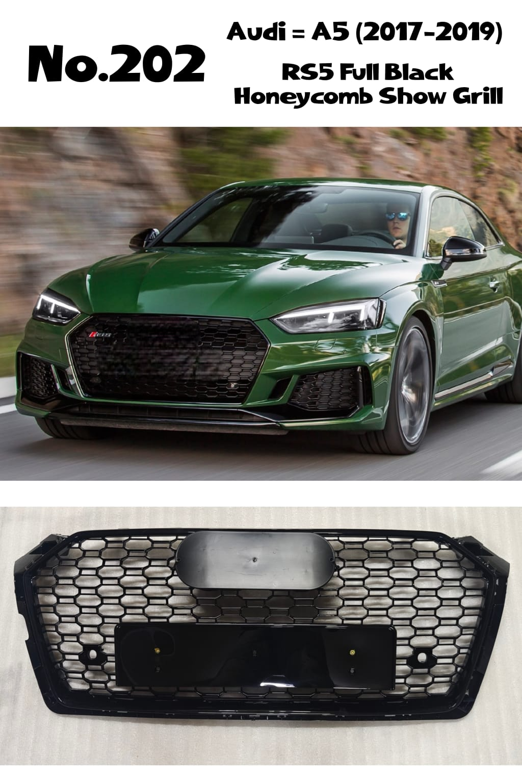 RS5 Full Black Honeycomb Show Grill Compatible With Audi = A5 (2017-19) Tag No.202