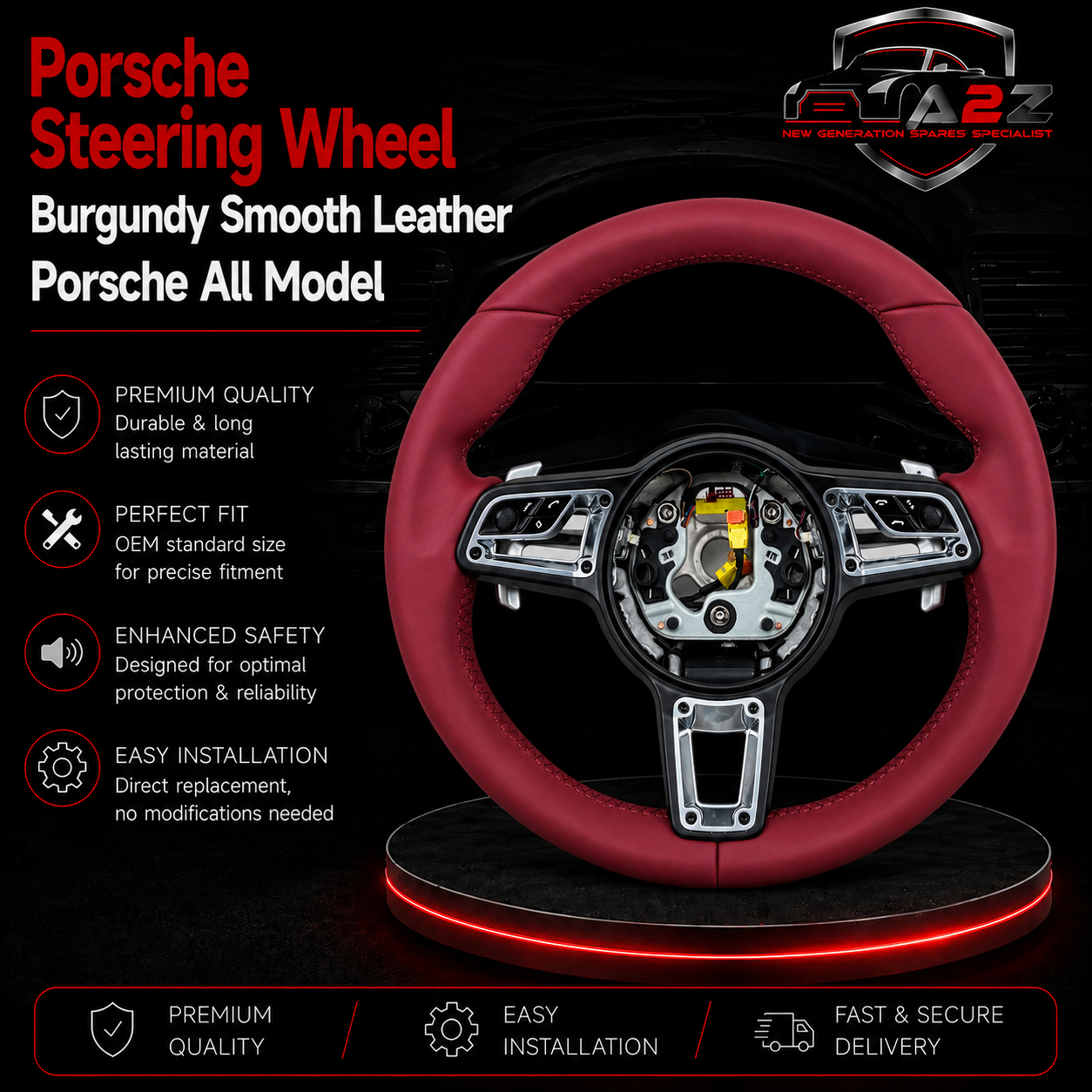 Burgundy Smooth Leather Steering Wheel Compatible With Porsche All Models