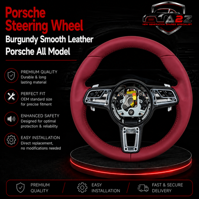Burgundy Smooth Leather Steering Wheel Compatible With Porsche All Models
