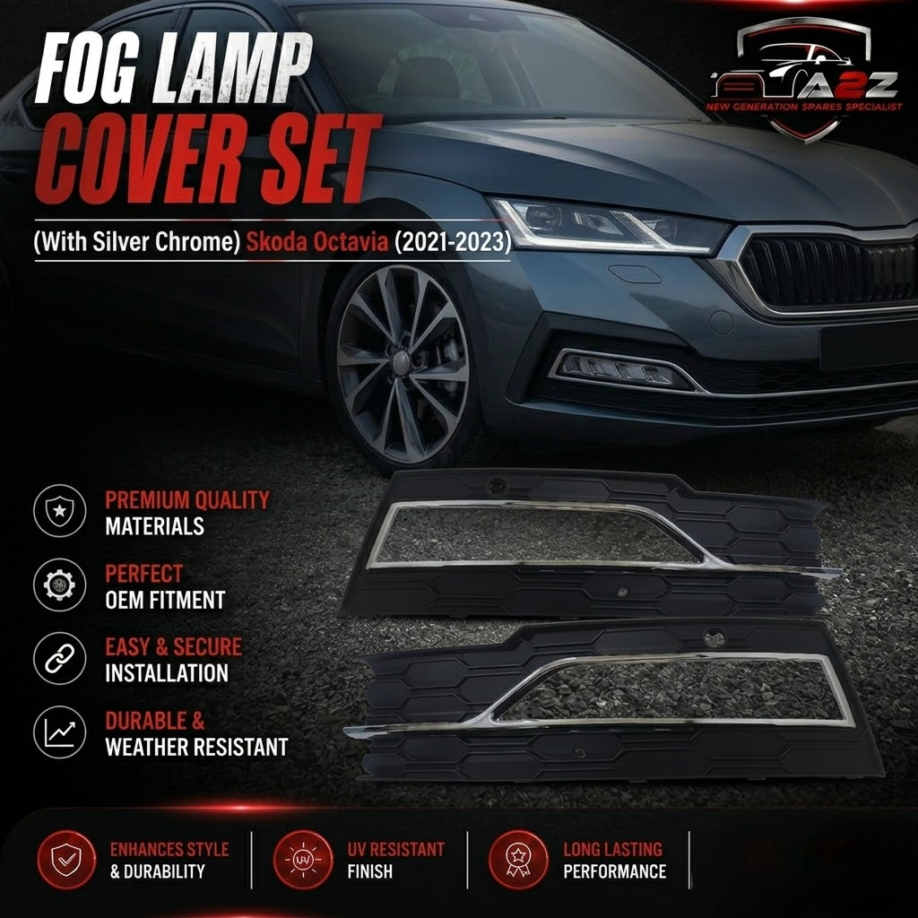 Fog Lamp Cover Set (With Silver Chrome) Left 5E3807681C 5E3853767 & Right 5E3807682C 5E3853768 Compatible With Skoda Octavia (2021-2023) Tag No.1194