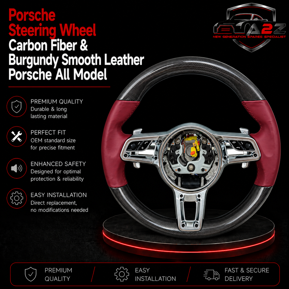 Carbon Fiber & Burgundy Leather Steering Wheel Compatible With Porsche All Models
