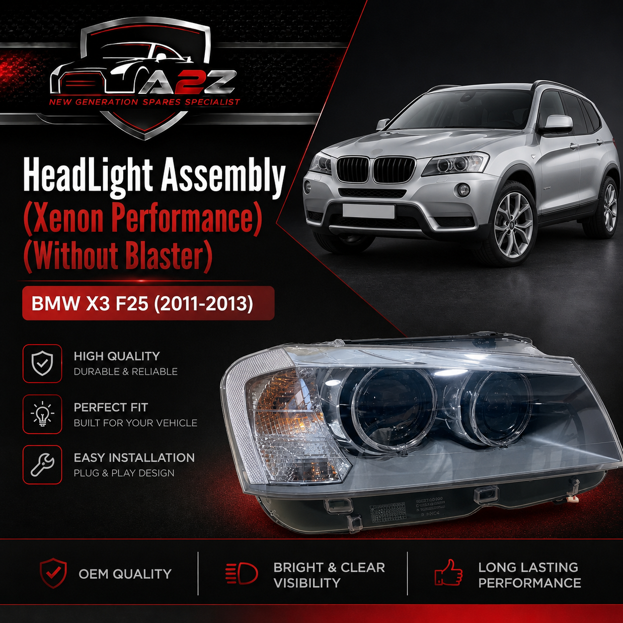 Complete Headlight Assembly (Xenon Performance) Left 63117276991 & Right 63117276992 (Without Blaster) Compatible With BMW  X3 F25 (2011-2013) Projector Tag No.67