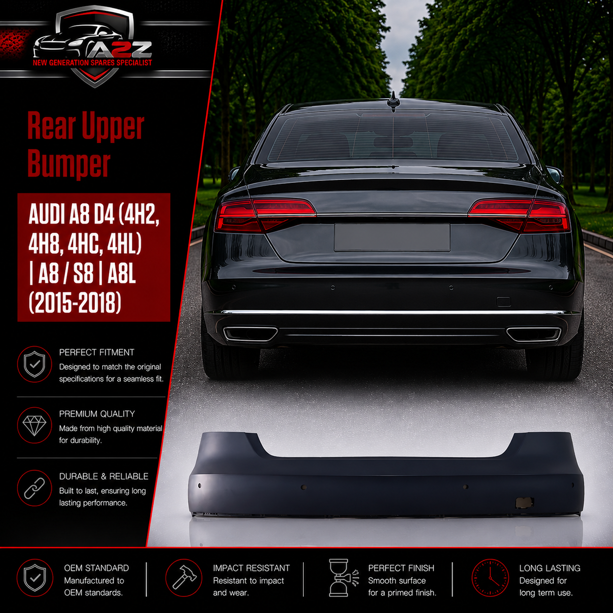 Rear Upper Complete Bumper 4H0807067F Compatible With AUDI A8 D4 (4H2, 4H8, 4HC, 4HL) | A8 / S8 | A8L Tag No.209