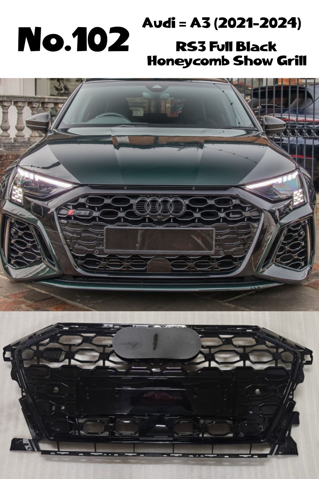 RS3 Full Black Honeycomb Show Grill Compatible With Audi = A3 (2021-24) Tag No.102
