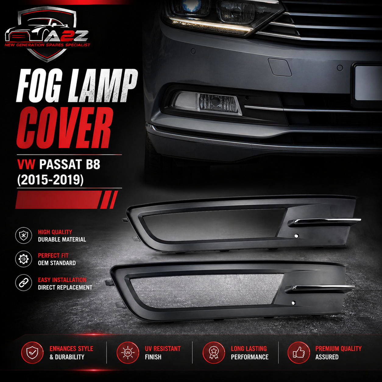 Fog Lamp Cover Left 3G0853665A & Right 3G0853666A Compatible With VW PASSAT B8 (2015-2019) No.132