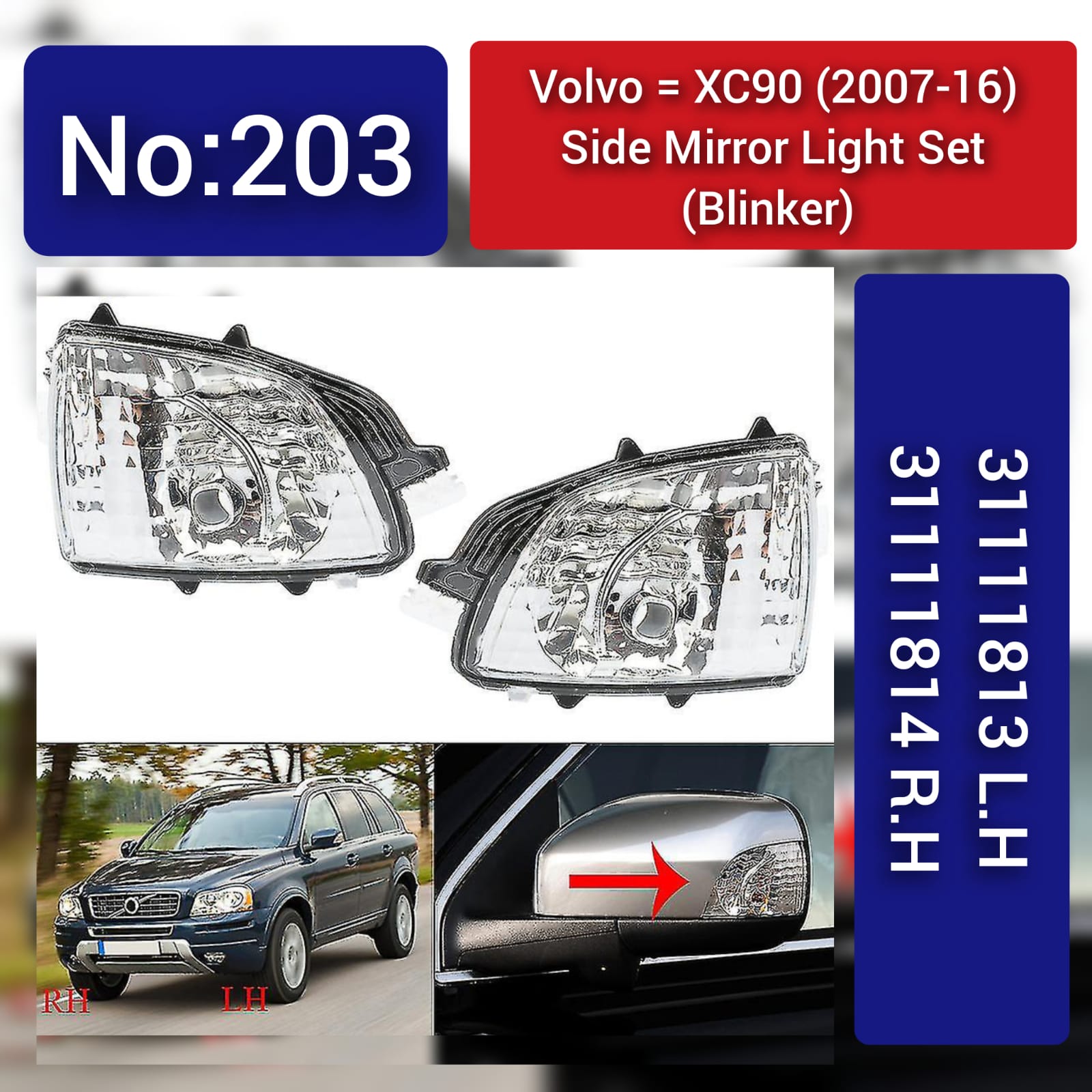 Dynamic Turn Signal LED Mirror Light Left 31111813A & Right 31111814A Compatible with XC90 2007-2016 Tag-MLV-203