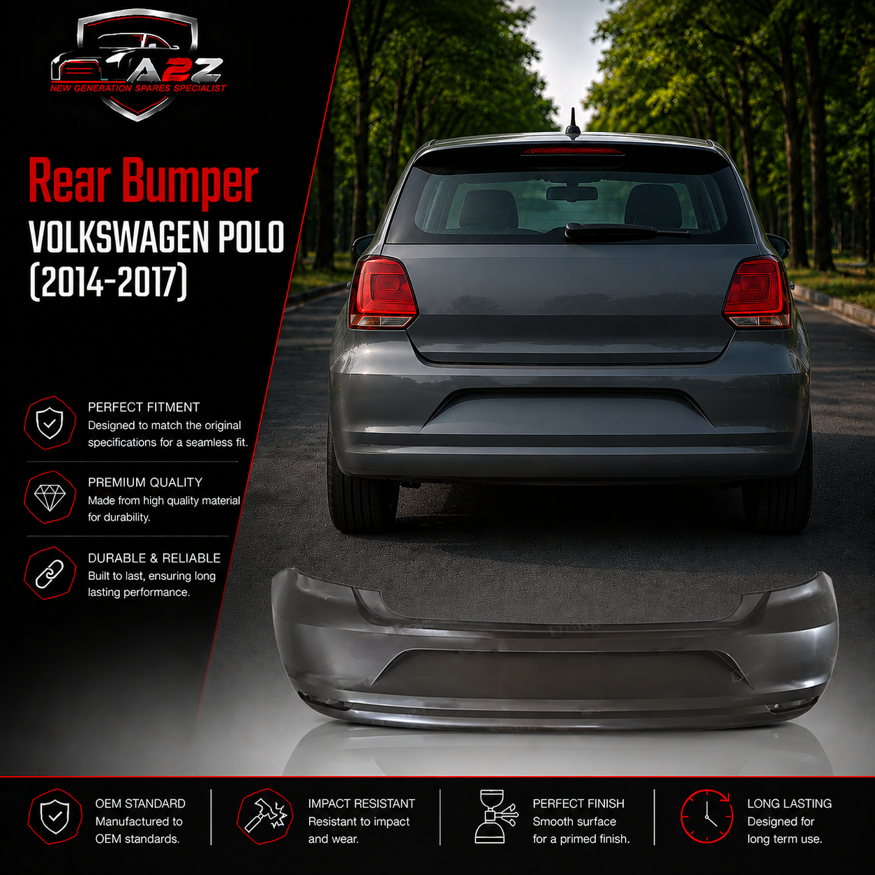 Rear Bumper 6C0807421 Compatible With Volkswagen Polo (2014-2017)