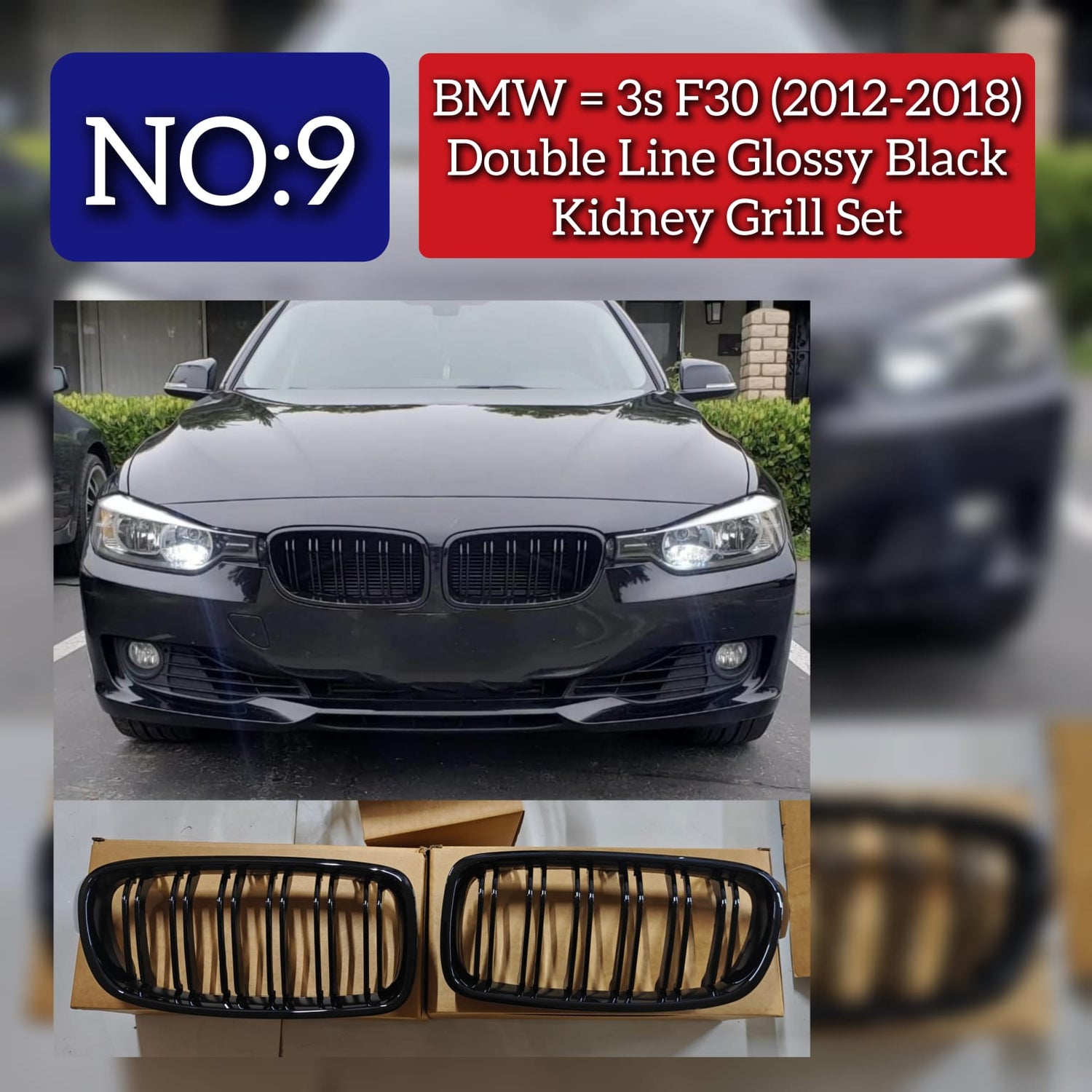 Double Line Glossy Black Kidney Grill Set Compatible With BMW 3s F30 (20012-2018) Tag No.09