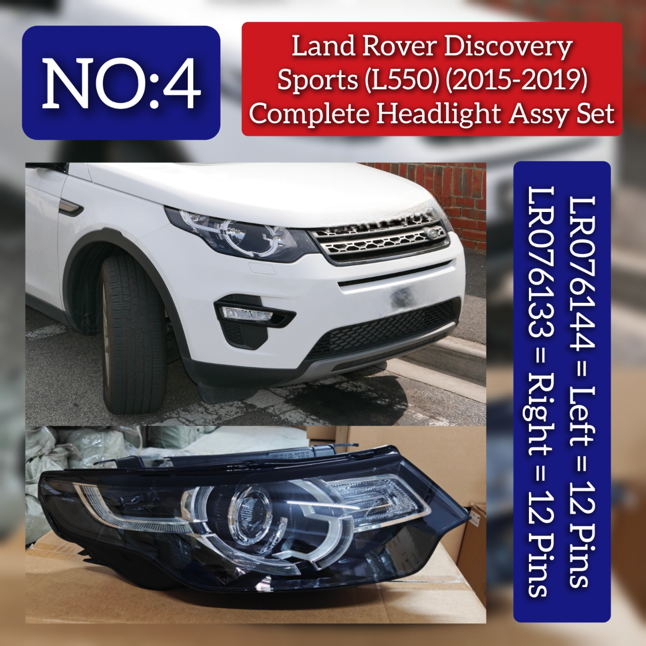 Complete Headlight Assy Right LR076133 & Left LR076144 Compatible With LAND ROVER DISCOVERY SPORT (L550) (2020-22) Tag No.04