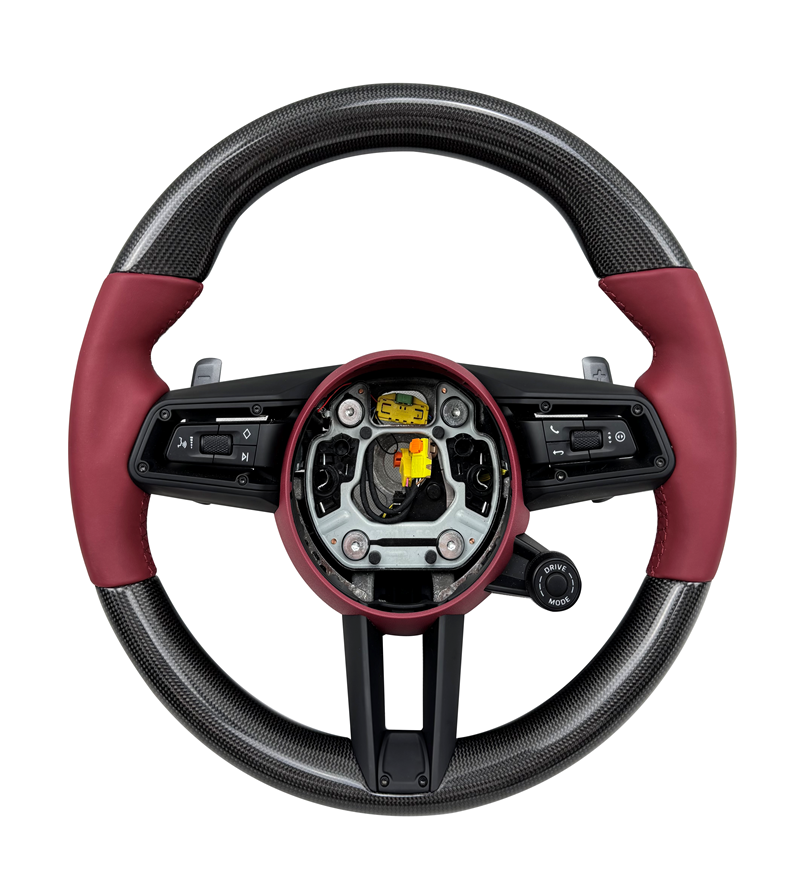 Carbon Fiber & Burgundy Smooth Leather Steering Wheel Compatible With Porsche All Models