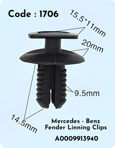 Fender Linning Cips A0009913940 (Set of 10) Code:1706 Compatible With  Mercedce Benz