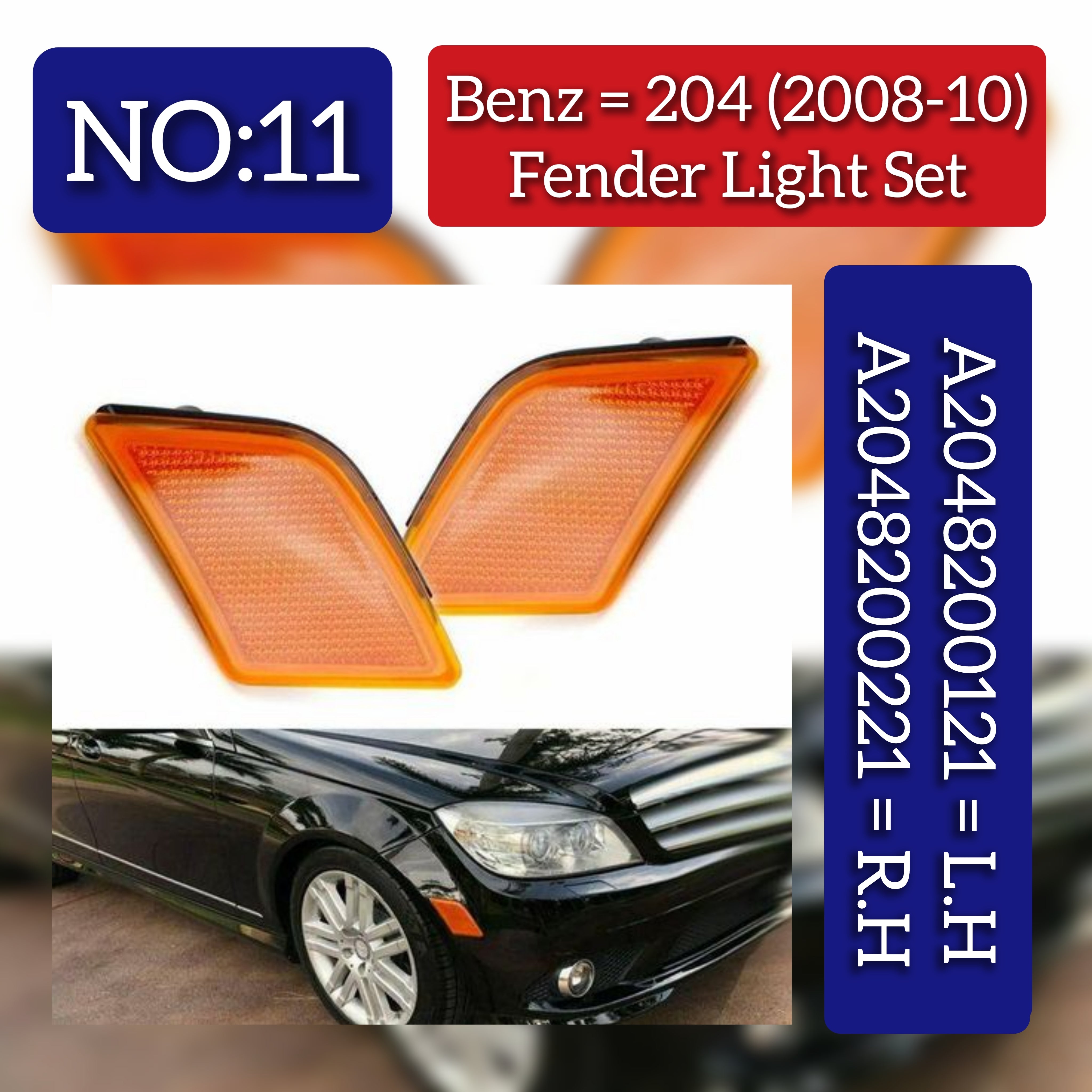 Front Bumper Side Marker Light Lamp  Left 2048200121 & Right 2048200221 Compatible with Mercedes Benz C-CLASS W204 2008-2010 Tag-FBL-11