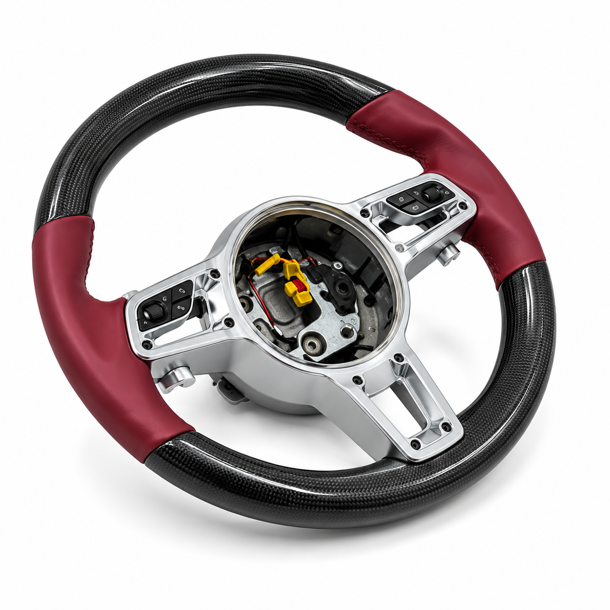 Carbon Fiber & Burgundy Leather Steering Wheel Compatible With Porsche All Models