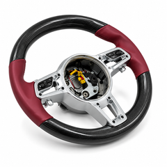 Carbon Fiber & Burgundy Leather Steering Wheel Compatible With Porsche All Models