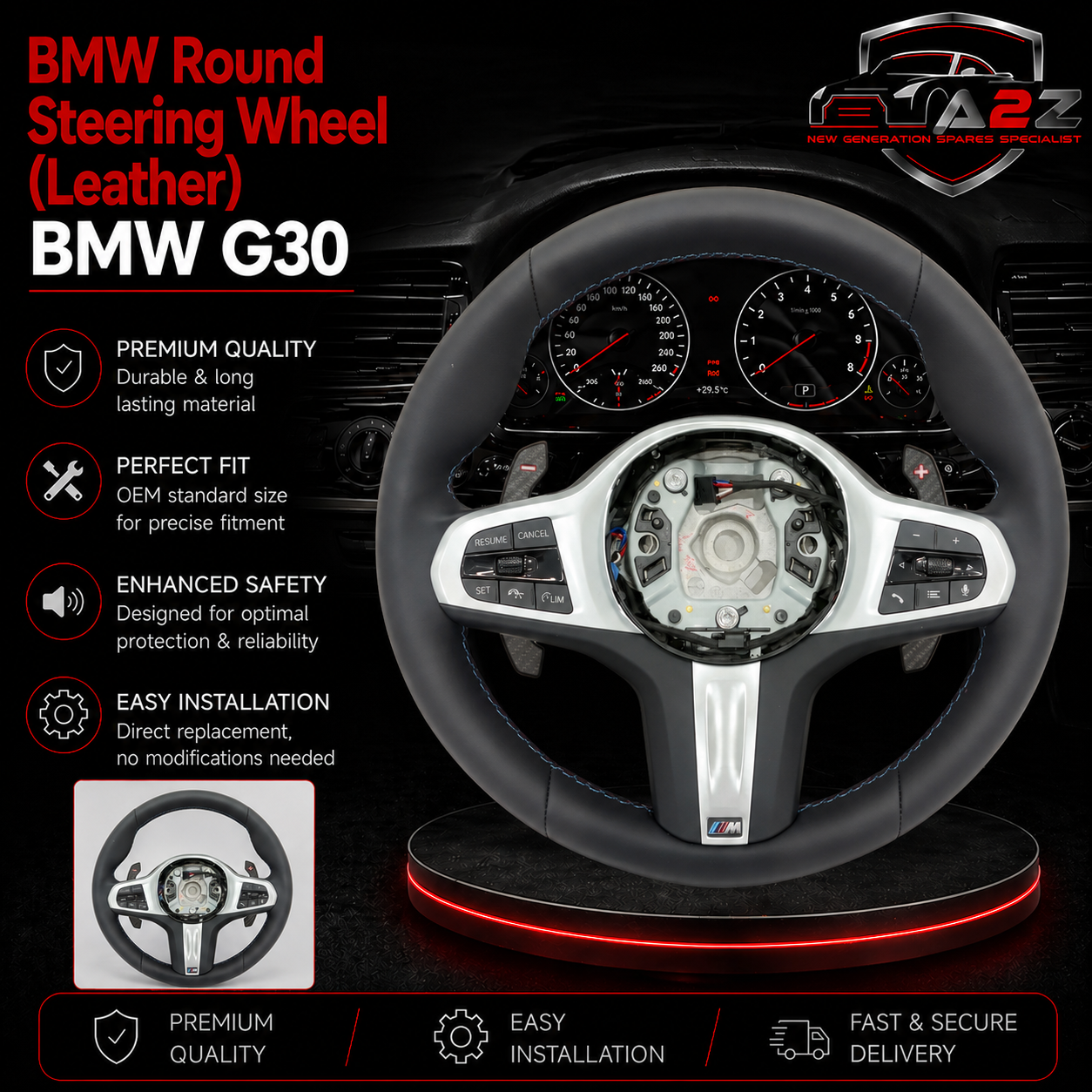 BMW Round Steering Wheel (Leather) Compatible With BMW G30
