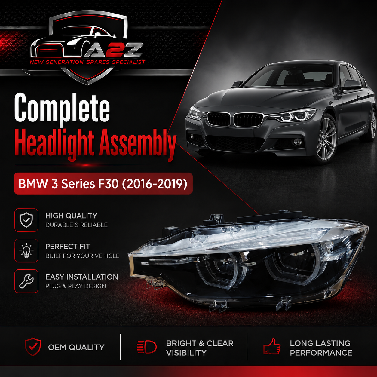 Complete Headlight Assy Left 63117492611 & Right 63117492612 Compatible With BMW 3 Series F30 (2016-2019) Tag No.52