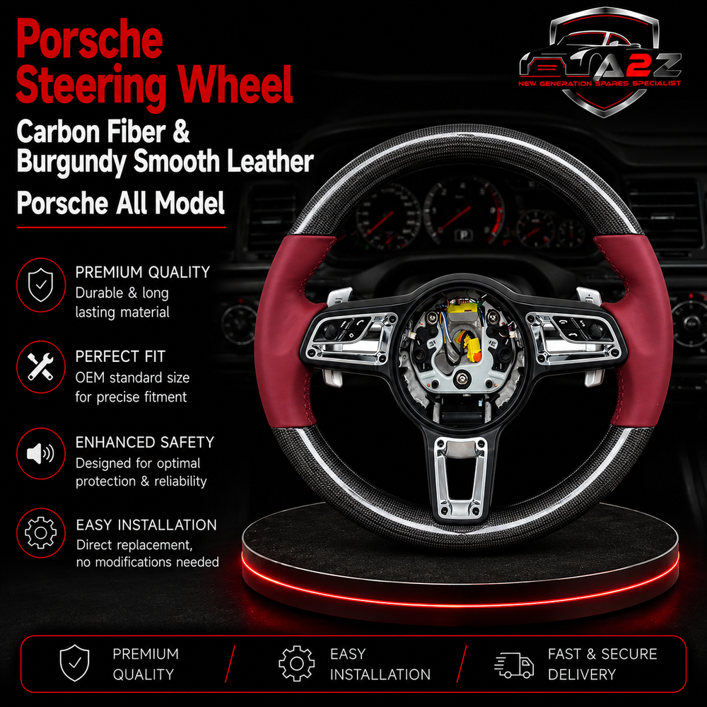 Carbon Fiber & Burgundy Smooth Leather Steering Wheel Compatible With Porsche All Models