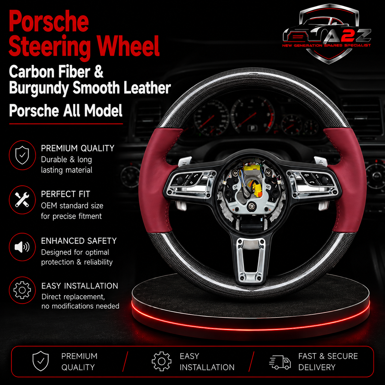 Carbon Fiber & Burgundy Smooth Leather Steering Wheel Compatible With Porsche All Models