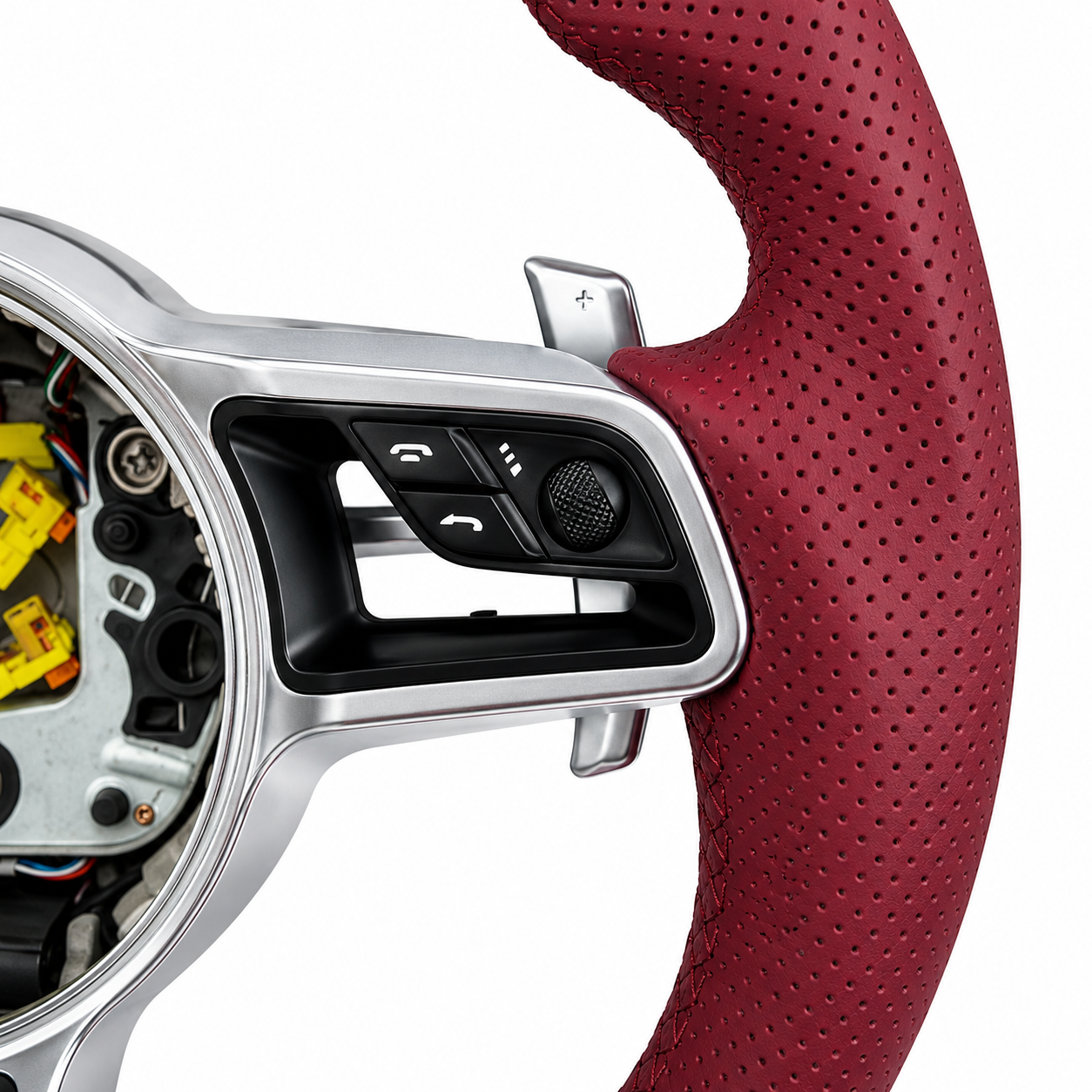 Carbon Fiber & Burgundy Perforated Leather Steering Wheel Compatible With Porsche All Models