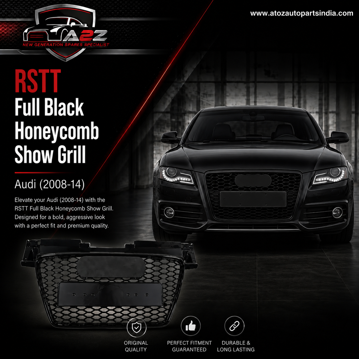 RSTT Full Black Honeycomb Show Grill Compatible With Audi = TT (2008-14) Tag No.282