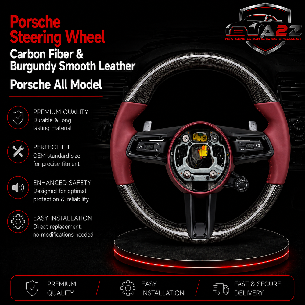 Carbon Fiber & Burgundy Smooth Leather Steering Wheel Compatible With Porsche All Models