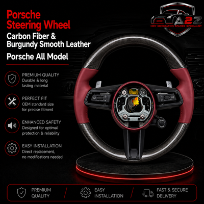 Carbon Fiber & Burgundy Smooth Leather Steering Wheel Compatible With Porsche All Models