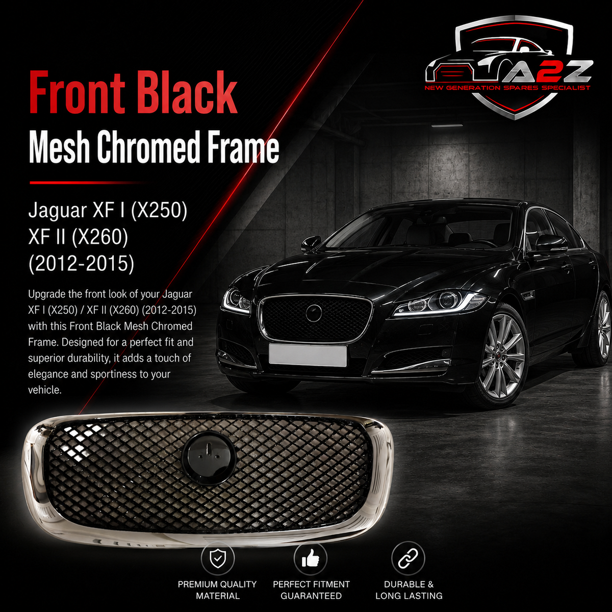 Front Black Mesh Chromed Frame C2Z13175 Compatible With Jaguar  XF I (X250)  XF II (X260) (2012-2015) Tag No.13