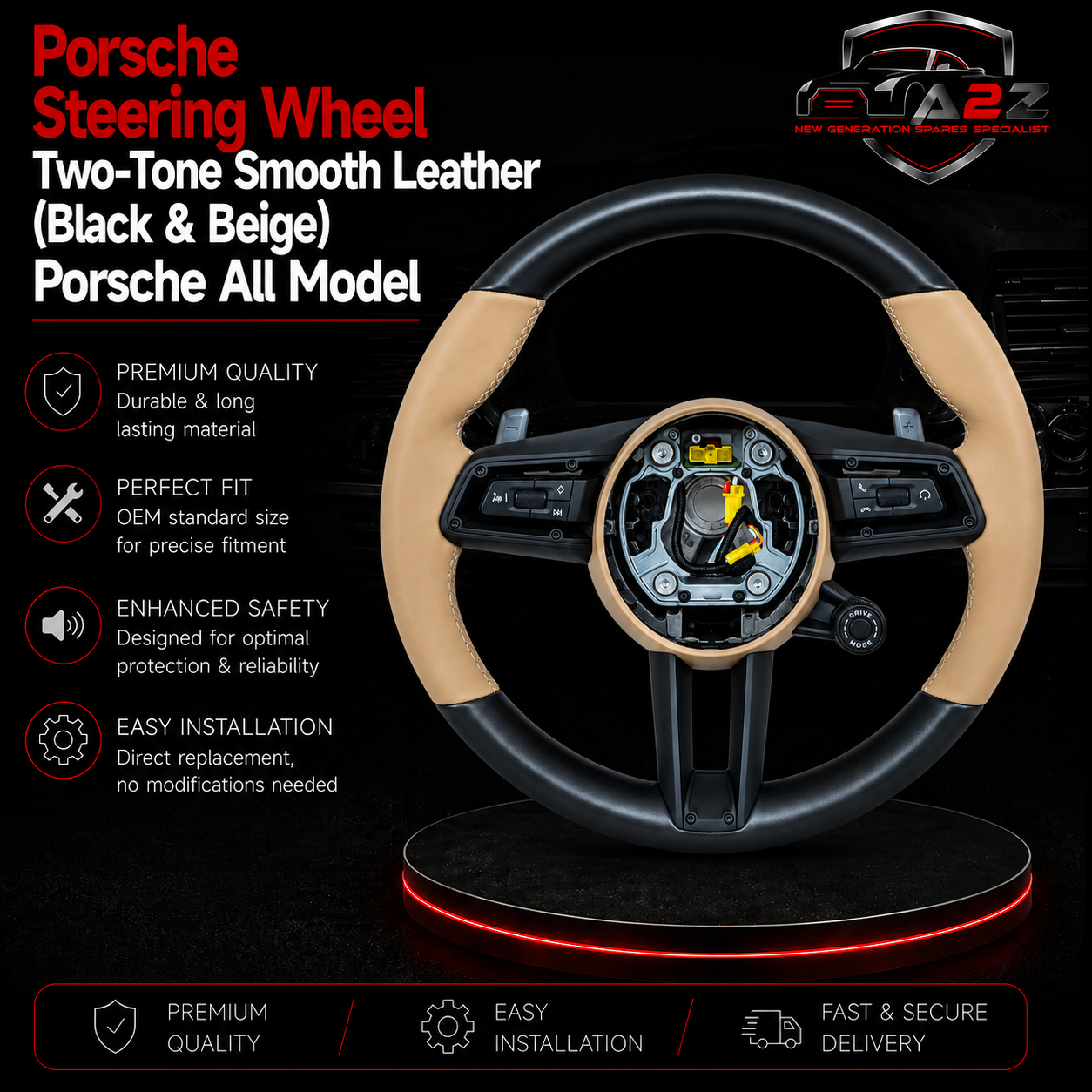 Two-Tone Black & Beige Smooth Leather Steering Wheel Compatible With Porsche All Models